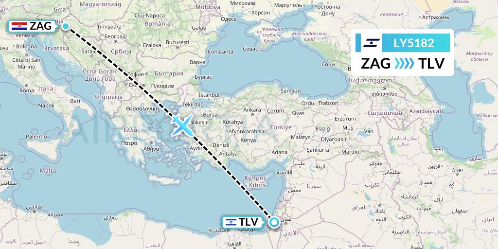 LY5182 El Al Flight Map: Zagreb to Tel Aviv
