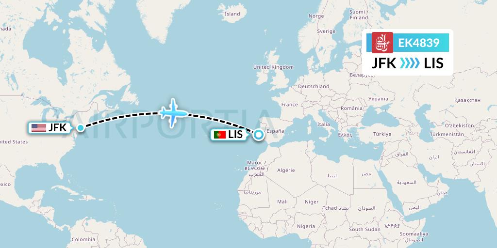EK4839 Emirates Flight Map: New York to Lisbon
