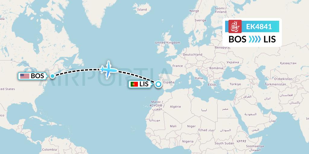 EK4841 Emirates Flight Map: Boston to Lisbon