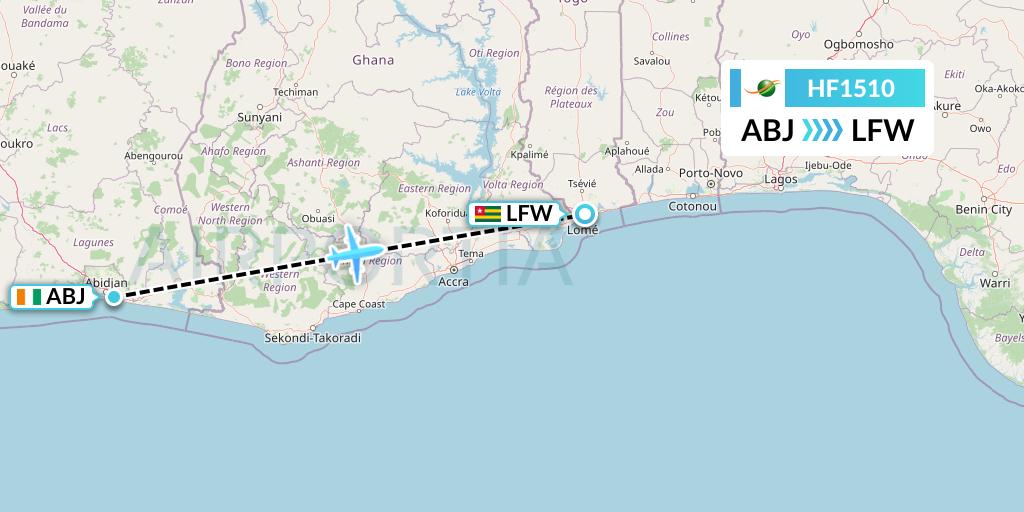 HF1510 Air Cote d'Ivoire Flight Map: Abidjan to Lome