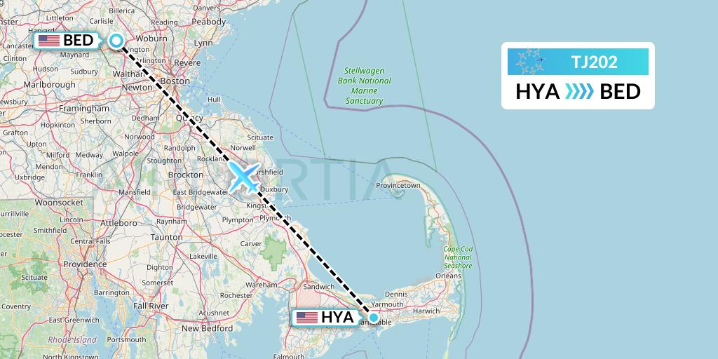 TJ202 Tradewind Aviation Flight Map: Hyannis to Bedford
