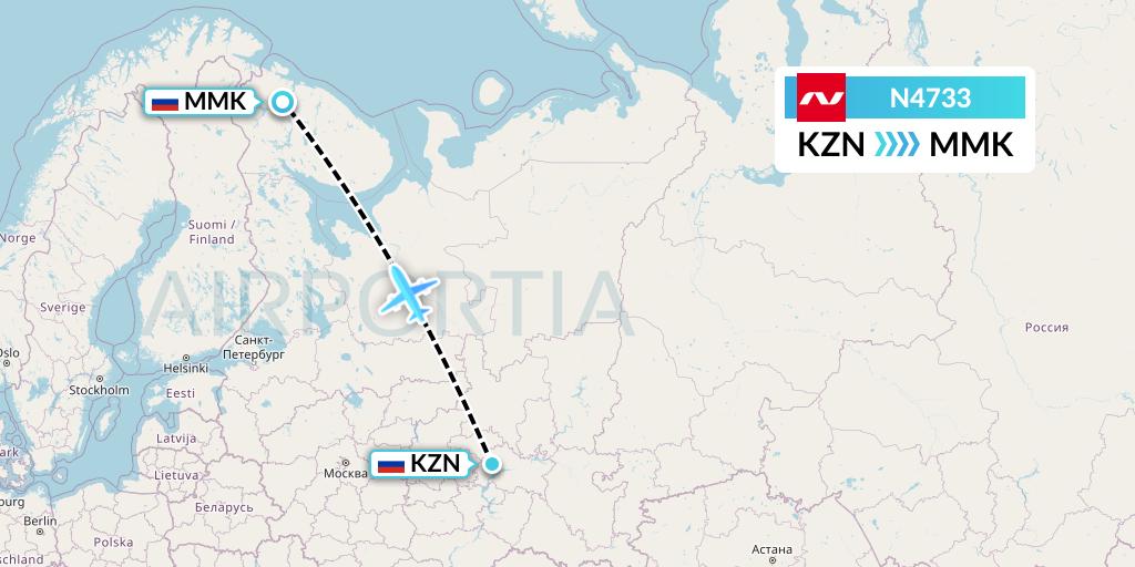 N4733 Nordwind Airlines Flight Map: Kazan to Murmansk