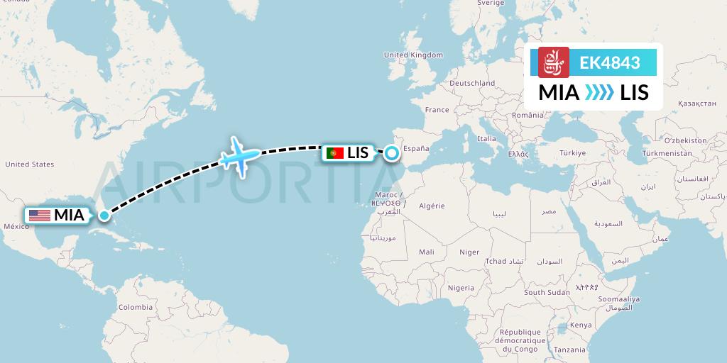 EK4843 Emirates Flight Map: Miami to Lisbon