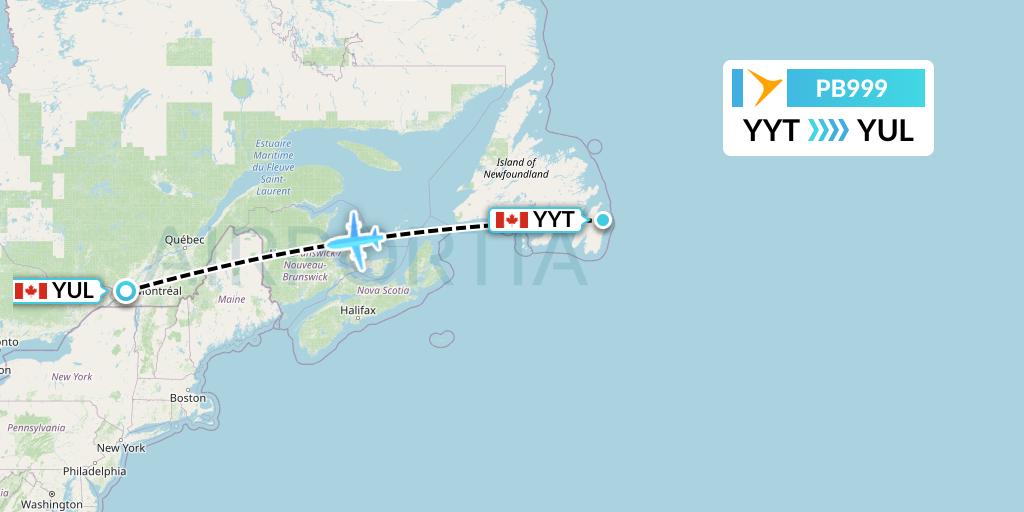 PB999 PAL Airlines Flight Map: St. John's to Montreal