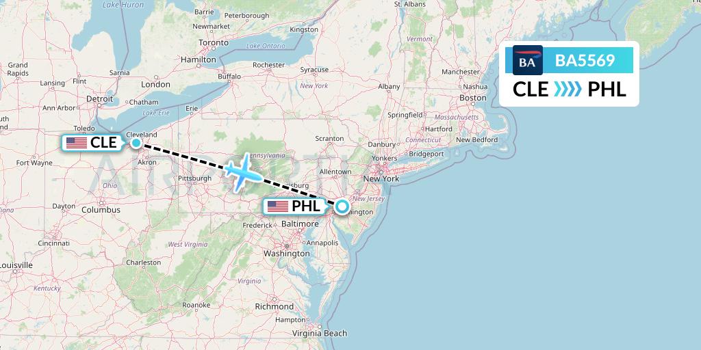 BA5569 British Airways Flight Map: Cleveland to Philadelphia