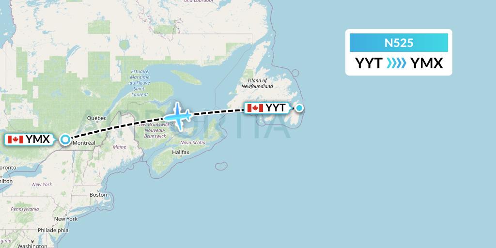 N525 Nolinor Aviation Flight Map: St. John's to Montreal