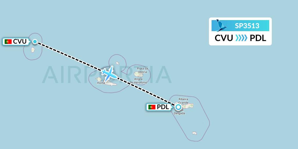 SP3513 SATA Air Acores Flight Map: Corvo to Ponta Delgada