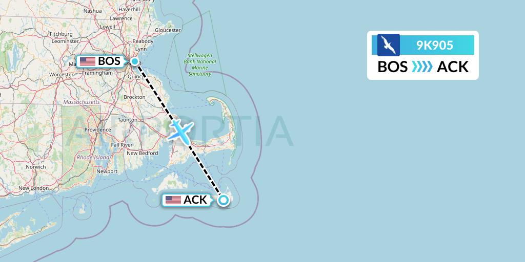 9K905 Cape Air Flight Map: Boston to Nantucket