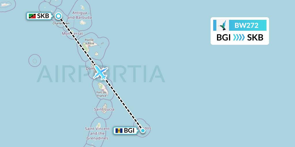 BW272 Caribbean Airlines Flight Map: Bridgetown to Basseterre