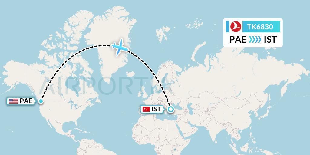 TK6830 Turkish Airlines Flight Map: Everett to Istanbul