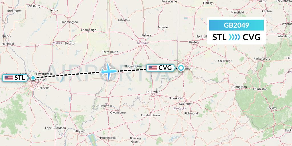 GB2049 ABX Air Flight Map: St. Louis to Cincinnati