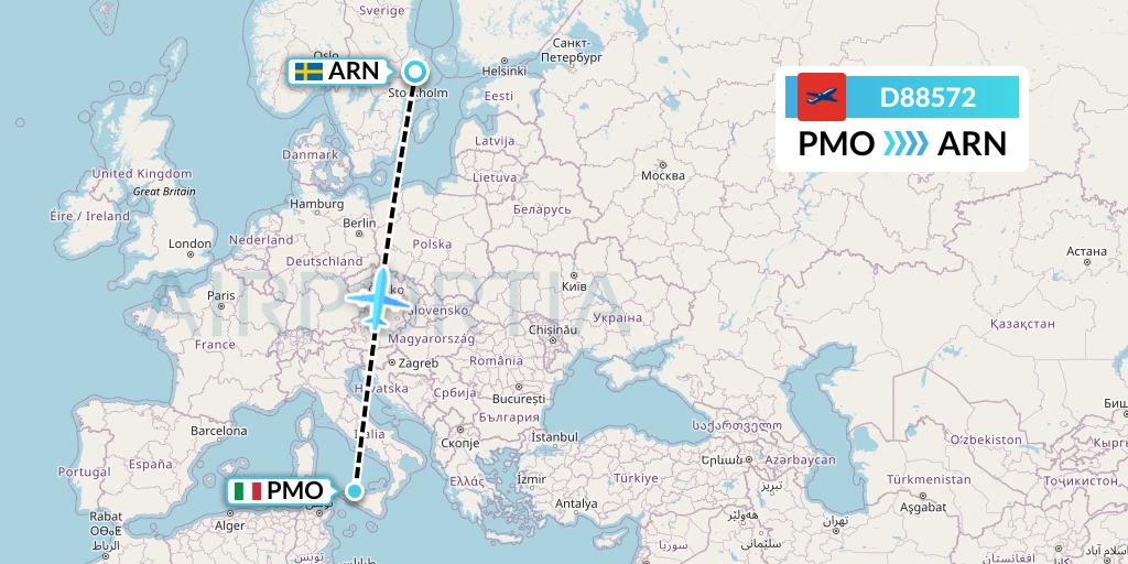D88572 Norwegian Air International Flight Map: Palermo to Stockholm