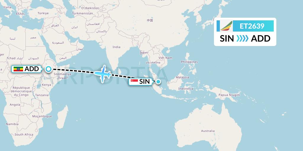 ET2639 Ethiopian Airlines Flight Map: Singapore to Addis Ababa