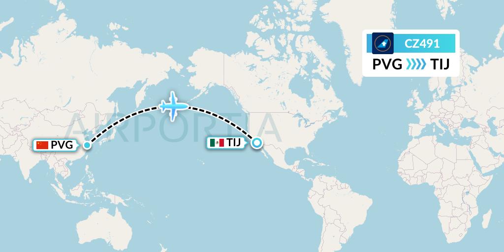 CZ491 China Southern Airlines Flight Map: Shanghai to Tijuana
