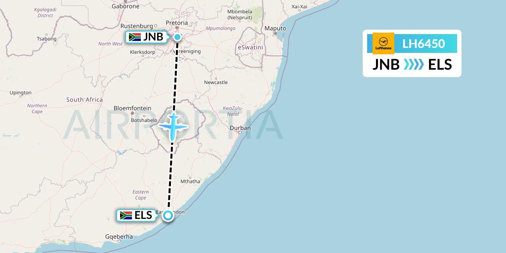 LH6450 Lufthansa Flight Map: Johannesburg to East London