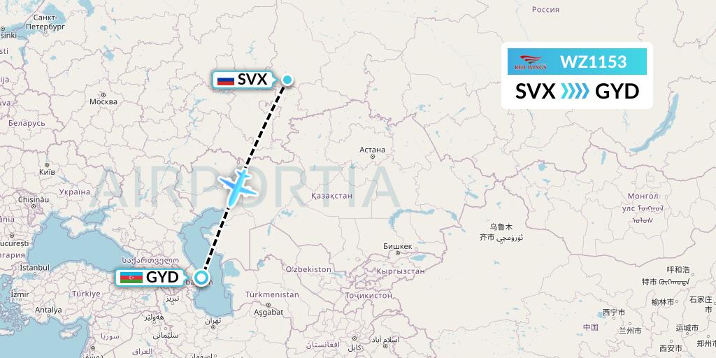 WZ1153 Red Wings Flight Map: Yekaterinburg to Baku