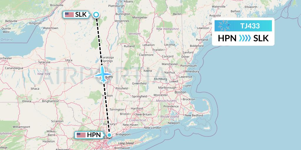 TJ433 Tradewind Aviation Flight Map: White Plains to Saranac Lake