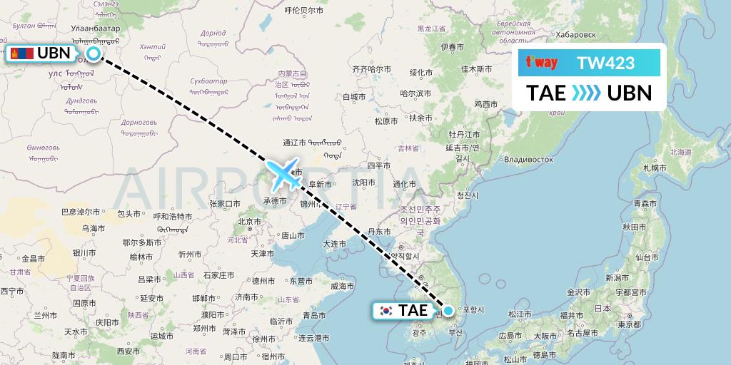 TW423 T'way Air Flight Map: Daegu to Ulan Bator
