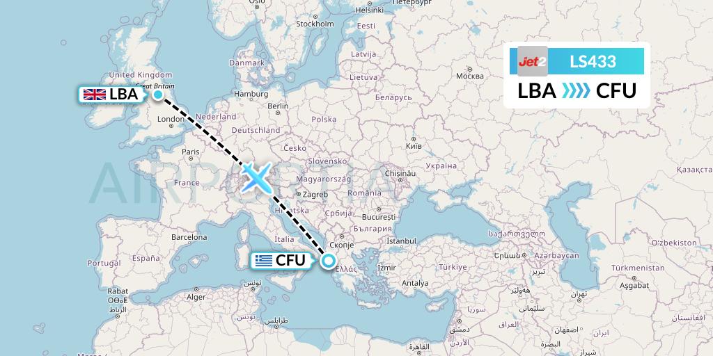 LS433 Jet2 Flight Map: Leeds to Corfu