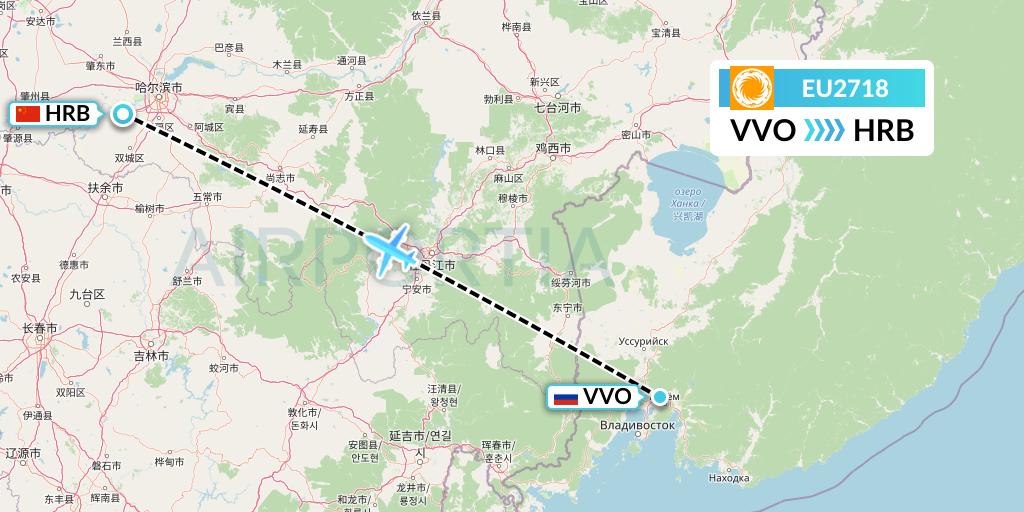 EU2718 Chengdu Airlines Flight Map: Vladivostok to Harbin