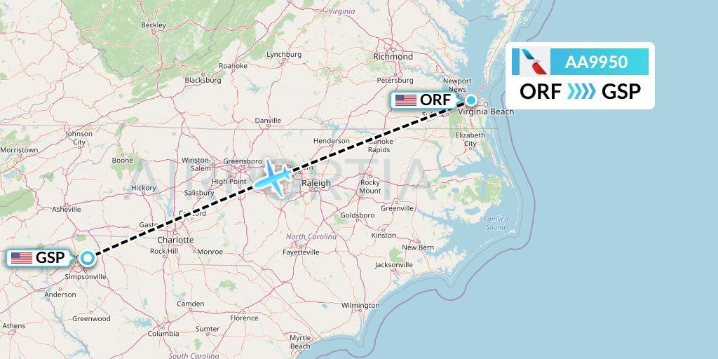 AA9950 American Airlines Flight Map: Norfolk to Greenville-Spartanburg
