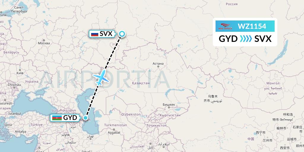WZ1154 Red Wings Flight Map: Baku to Yekaterinburg