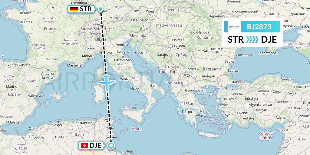 BJ2873 Nouvelair Tunisie Flight Map: Stuttgart to Djerba
