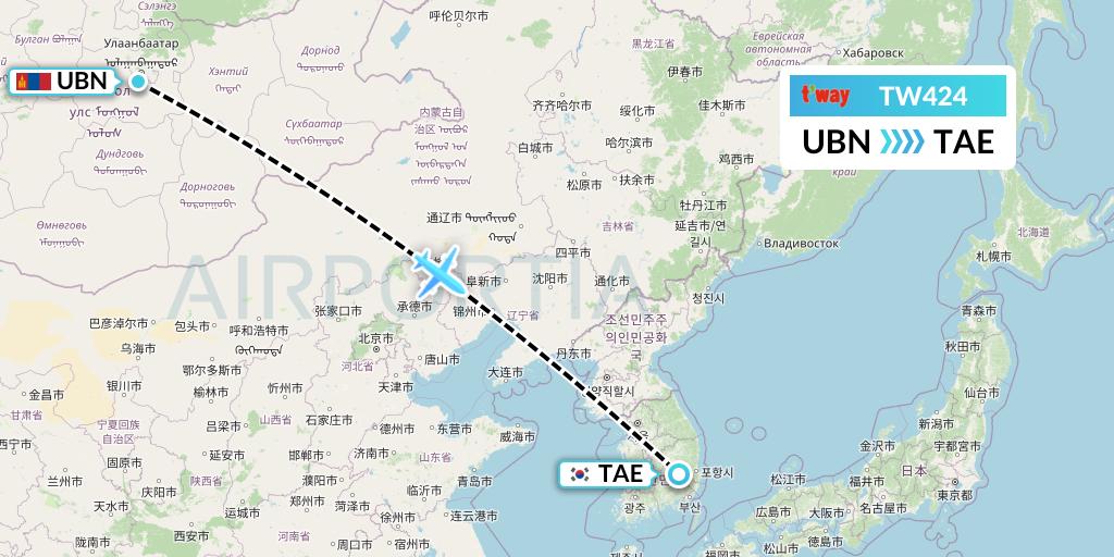 TW424 T'way Air Flight Map: Ulan Bator to Daegu