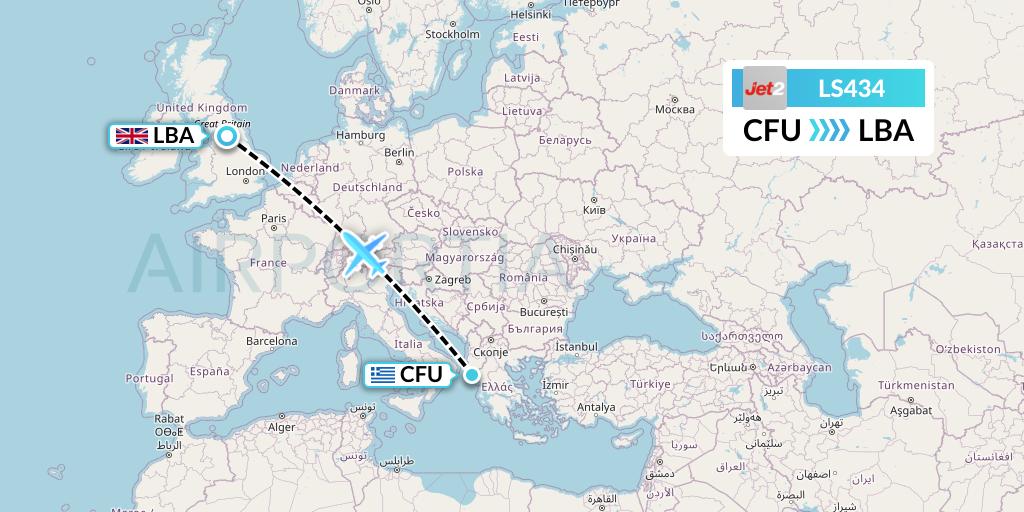 LS434 Jet2 Flight Map: Corfu to Leeds