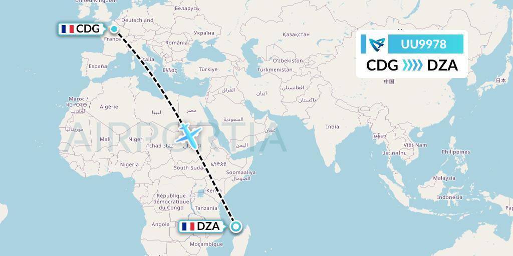 UU9978 Air Austral Flight Map: Paris to Dzaoudzi