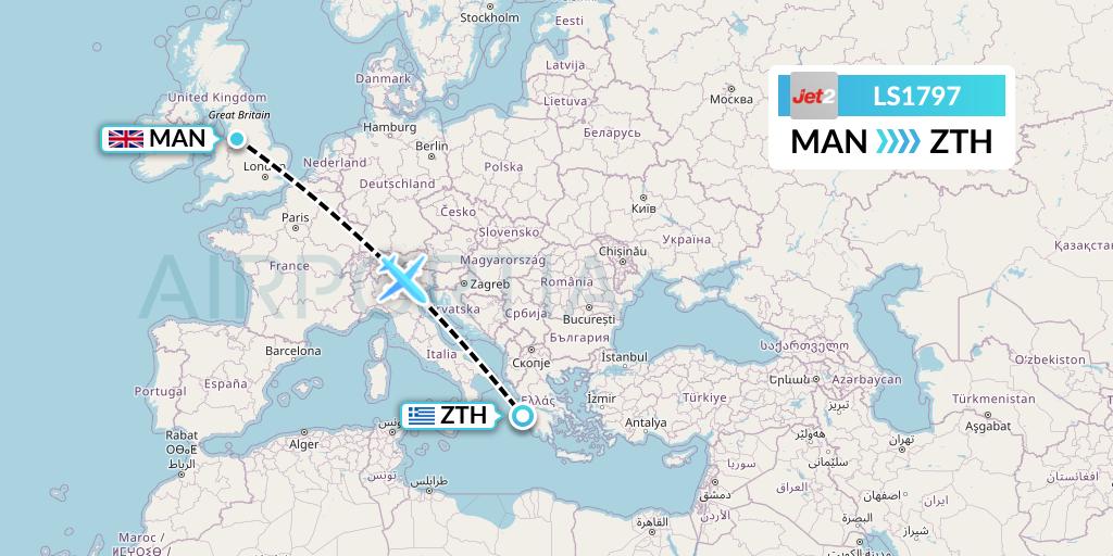 LS1797 Jet2 Flight Map: Manchester to Zakynthos