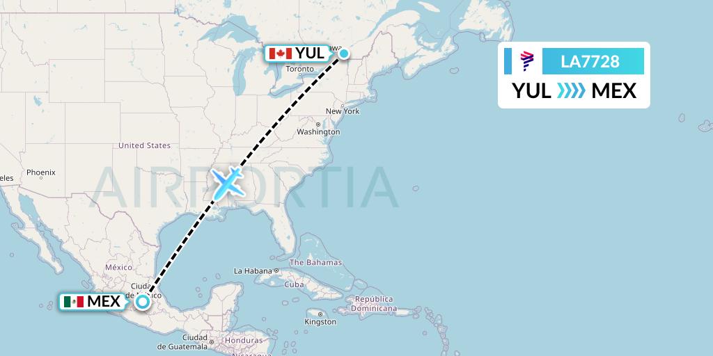 LA7728 LAN Airlines Flight Map: Montreal to Mexico City