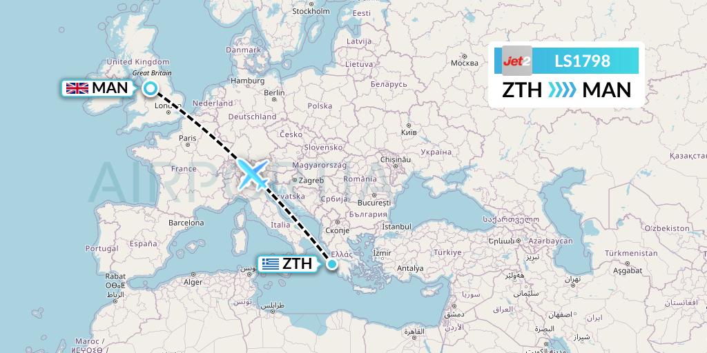 LS1798 Jet2 Flight Map: Zakynthos to Manchester