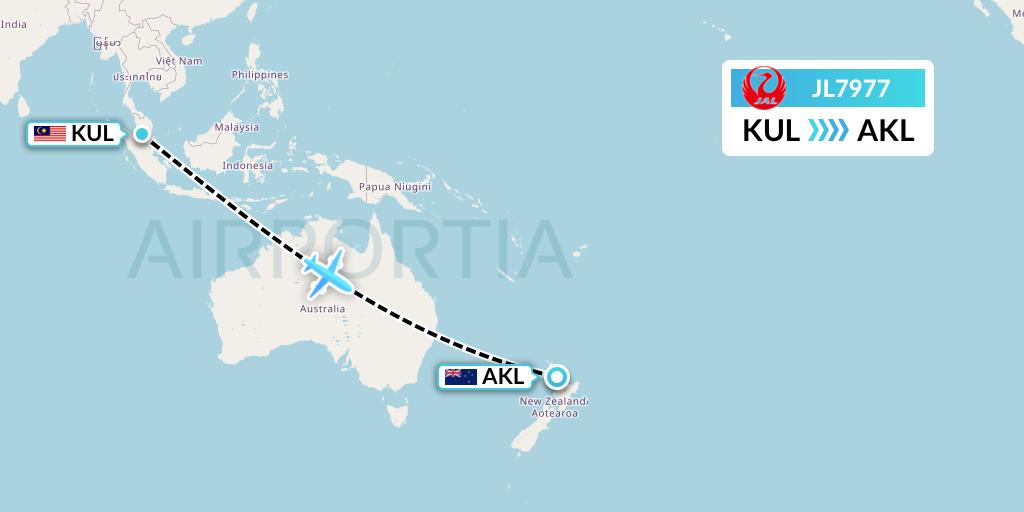 JL7977 Japan Airlines Flight Map: Kuala Lumpur to Auckland