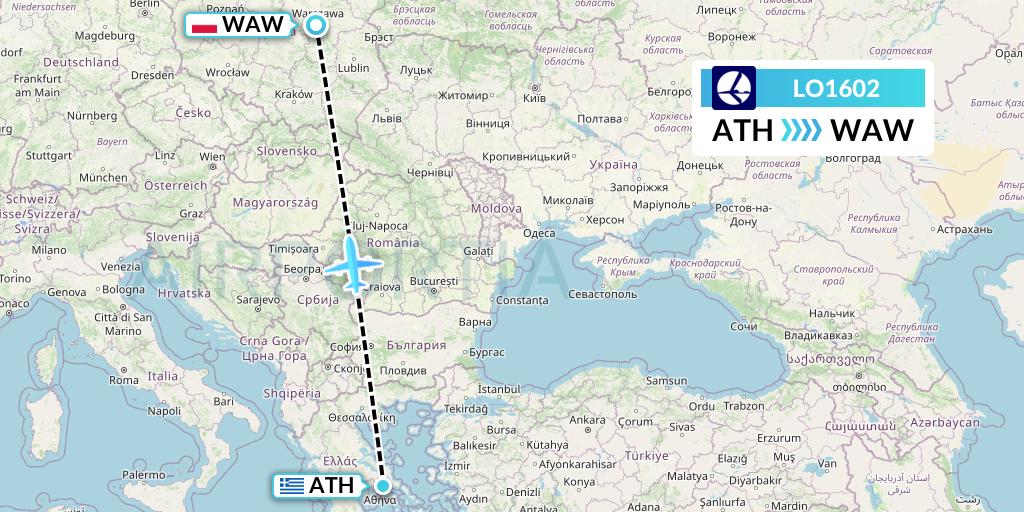 LO1602 LOT Flight Map: Athens to Warsaw