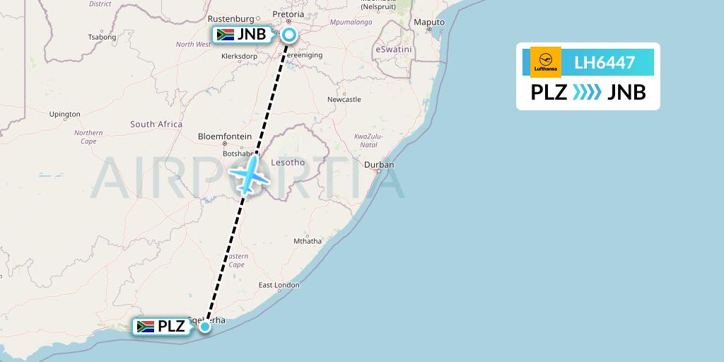 LH6447 Lufthansa Flight Map: Port Elizabeth to Johannesburg