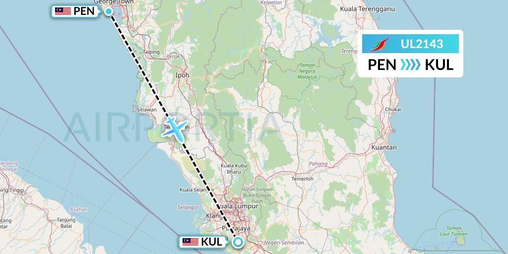 UL2143 SriLankan Airlines Flight Map: Penang to Kuala Lumpur
