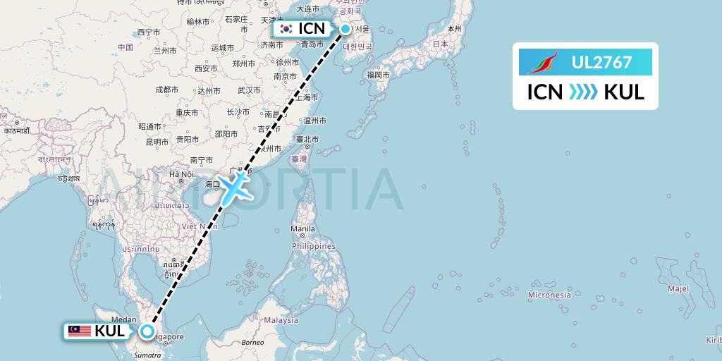 UL2767 SriLankan Airlines Flight Map: Seoul to Kuala Lumpur