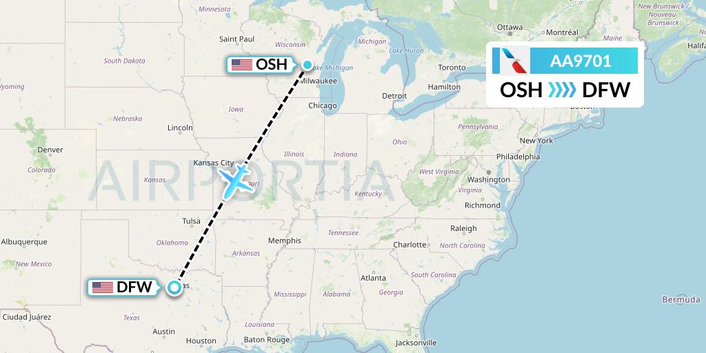 AA9701 American Airlines Flight Map: Oshkosh to Dallas
