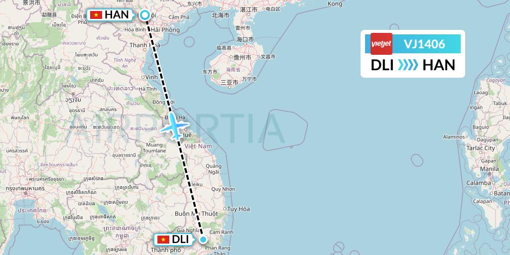 VJ1406 VietJet Air Flight Map: Da Lat to Hanoi