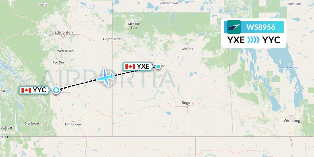WS8956 WestJet Flight Map: Saskatoon to Calgary