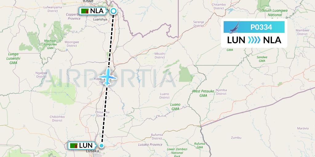 P0334 Proflight Air Services Flight Map: Lusaka to Ndola