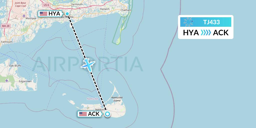 TJ433 Tradewind Aviation Flight Map: Hyannis to Nantucket