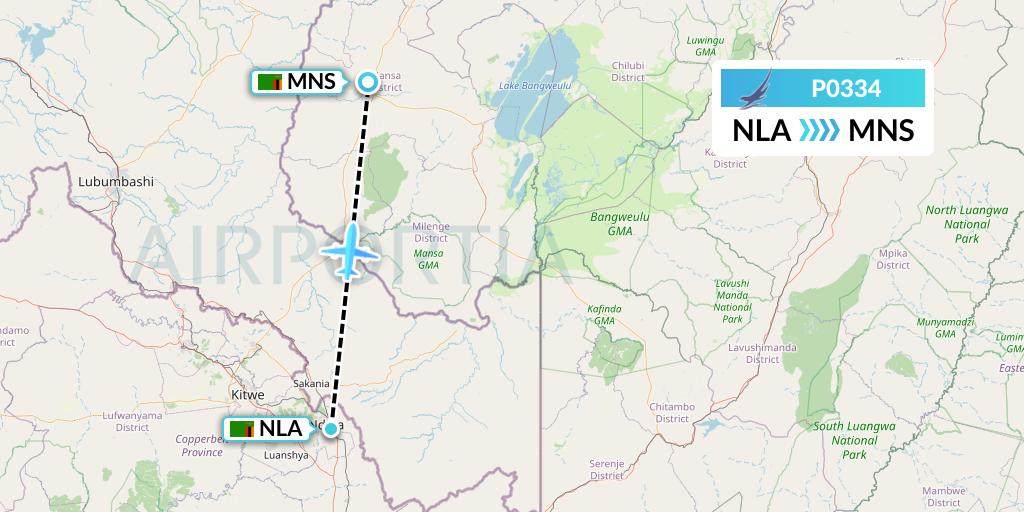 P0334 Proflight Air Services Flight Map: Ndola to Mansa