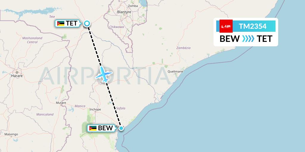 TM2354 LAM Mozambique Airlines Flight Map: Beira to Tete
