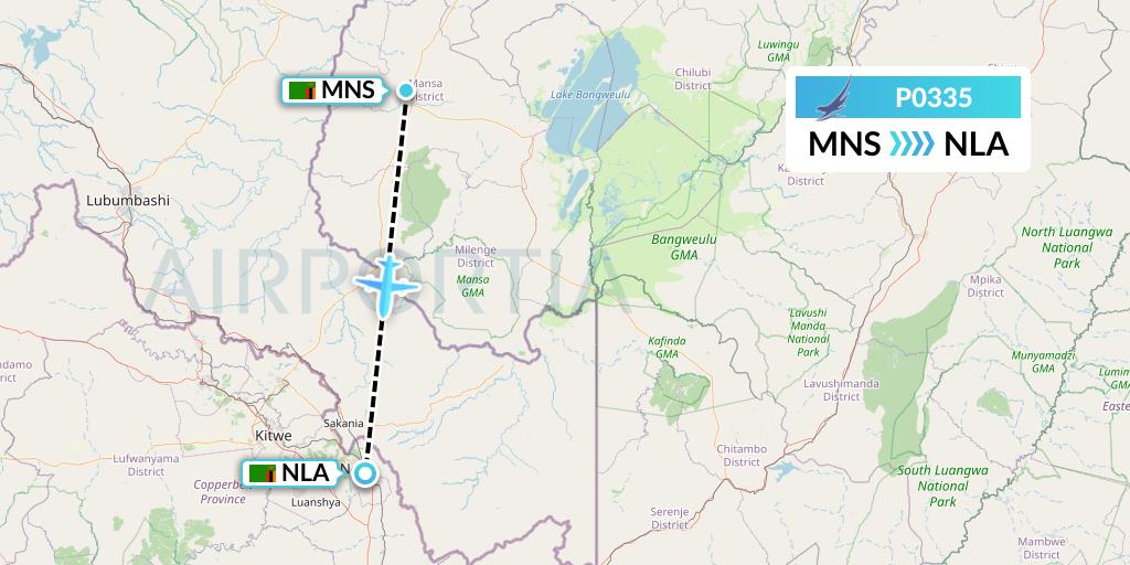 P0335 Proflight Air Services Flight Map: Mansa to Ndola