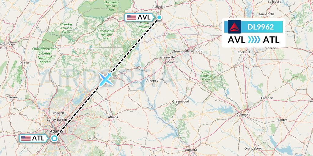 DL9962 Delta Air Lines Flight Map: Asheville to Atlanta