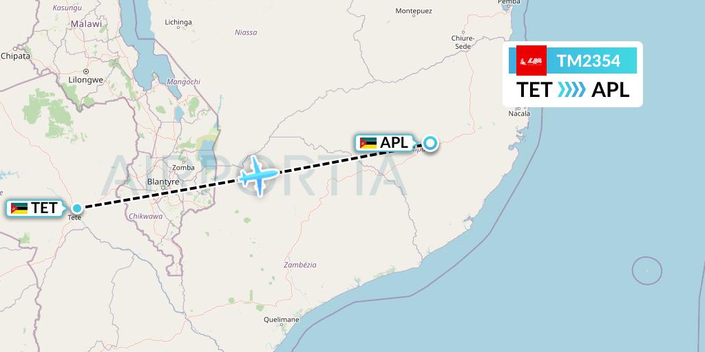 TM2354 LAM Mozambique Airlines Flight Map: Tete to Nampula