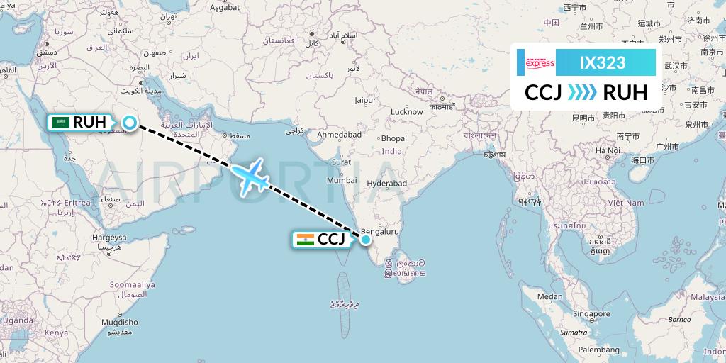 IX323 Air India Express Flight Map: Kozhikode to Riyadh
