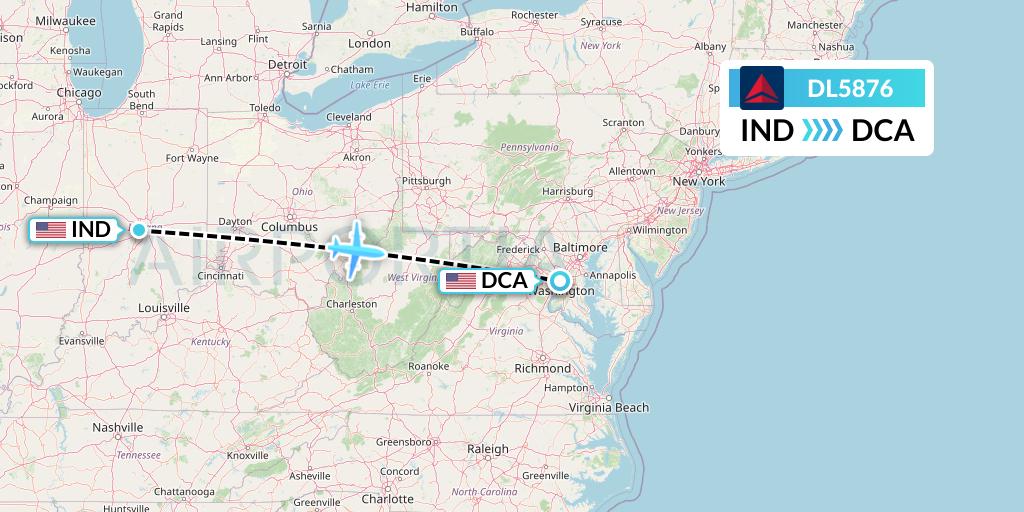 DL5876 Delta Air Lines Flight Map: Indianapolis to Washington